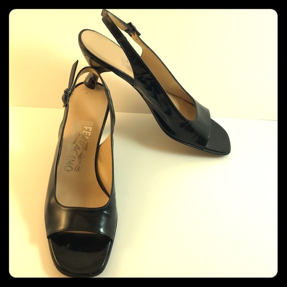 Salvatore Ferragamo Shoes - Ferragamo Black Slingback Heel Open-Toe Sz7